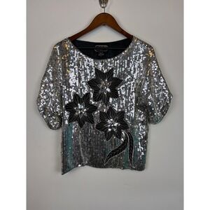 Vintage JLB Sequin Silk Blouse Small‎ Silver Black Floral 80s Glam Evening Top